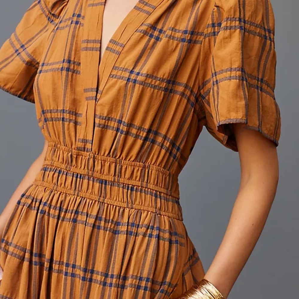 Anthropologie Maeve Somerset dress gold navy plaid maxi xs fall